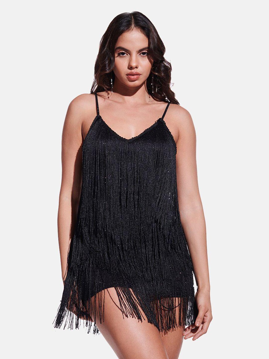 izf embellished shoulder straps fringed bling & sparkly bodycon dress