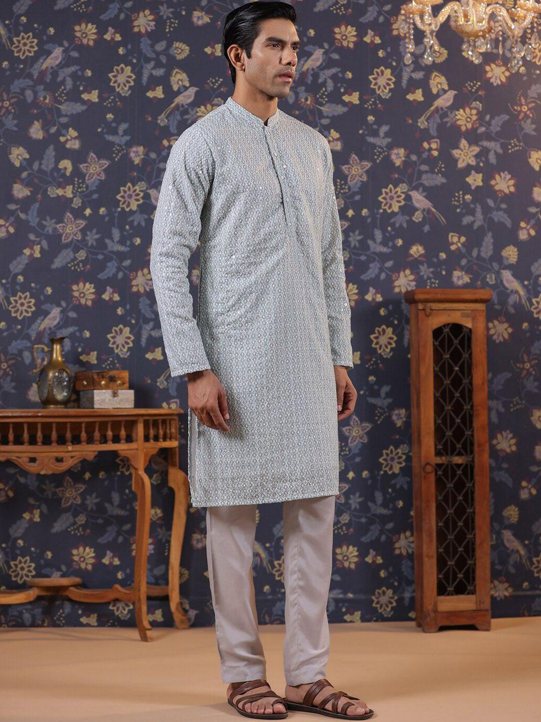 house of pataudi ethnic motifs printed mandarin collar thread work cotton straight kurta