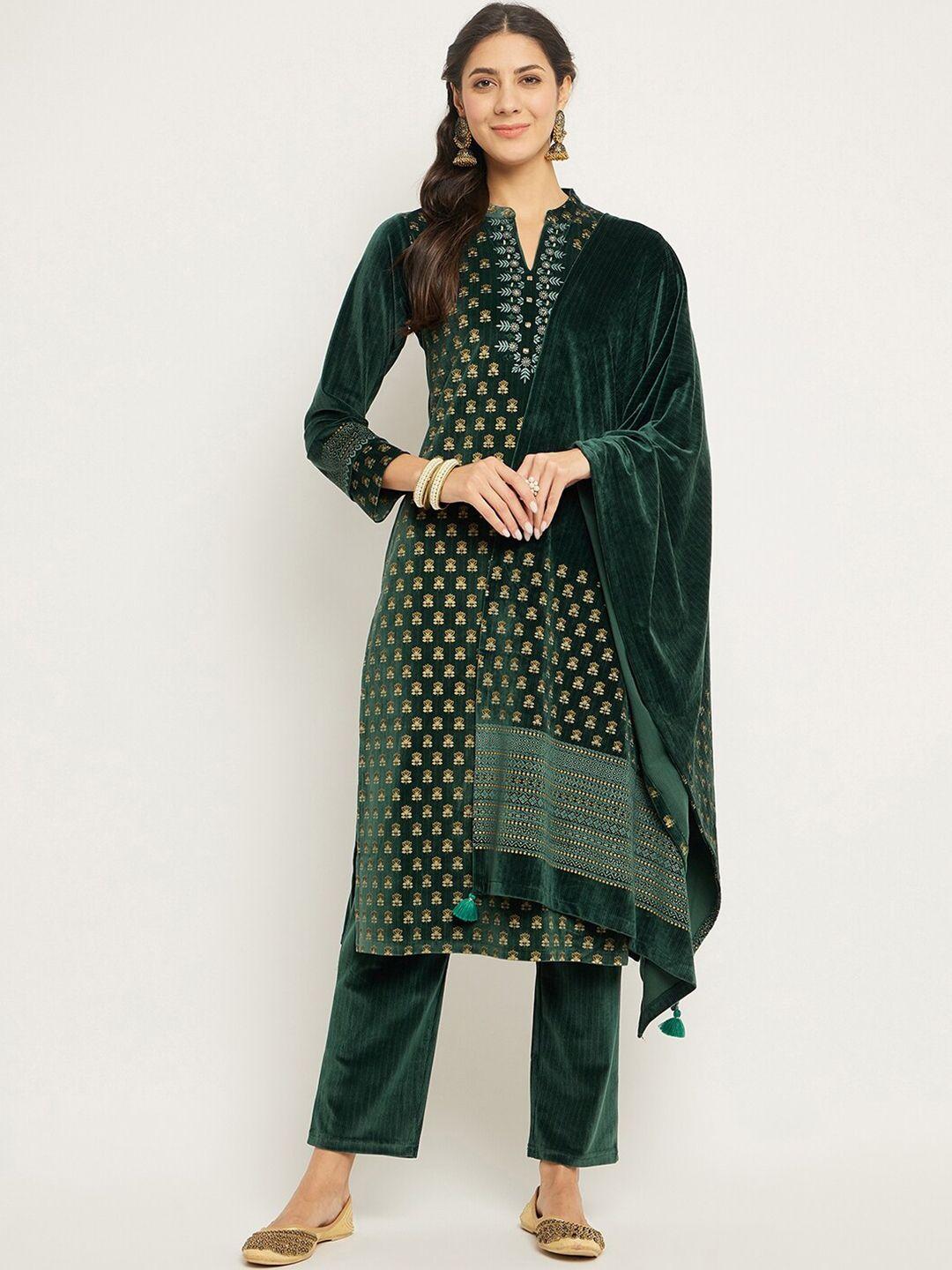 zigo ethnic motifs printed mandarin collar velvet straight kurta & trouser with dupatta