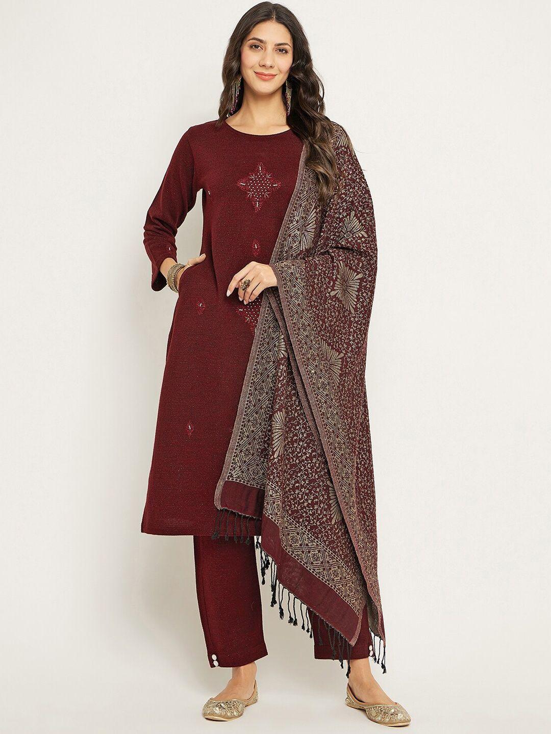 zigo ethnic motifs embroidered sequinned acrylic straight kurta with trousers & dupatta