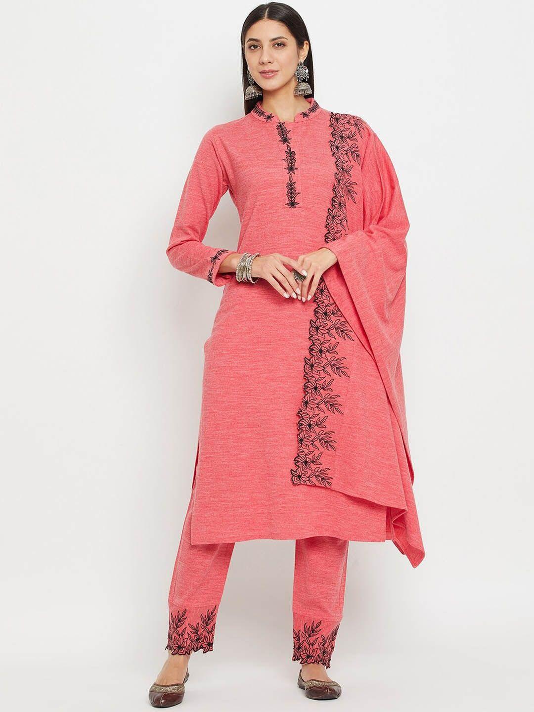 zigo ethnic motifs yoke design thread work knitted straight kurta & trousers with dupatta