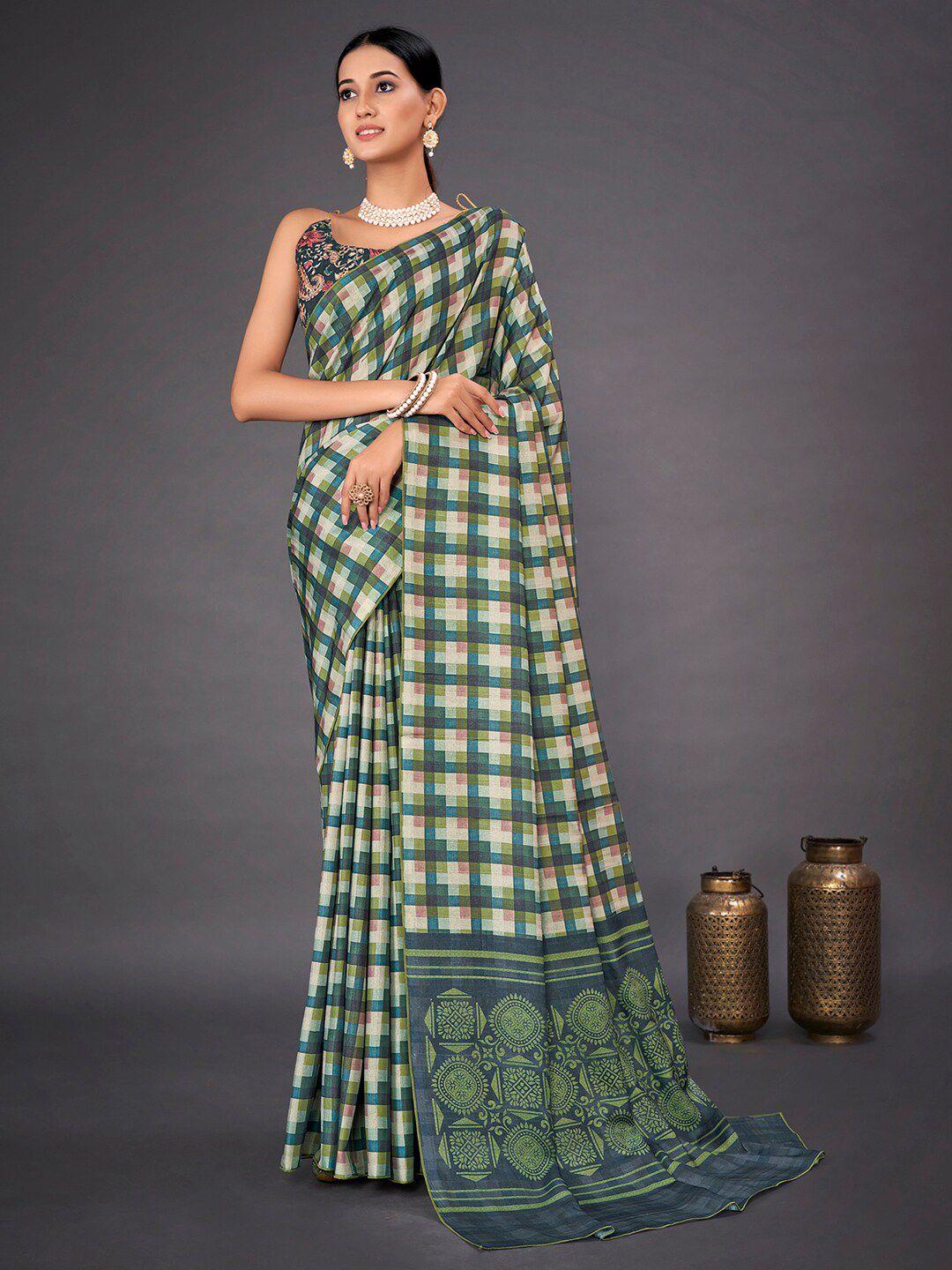 mitera teal checked block print saree