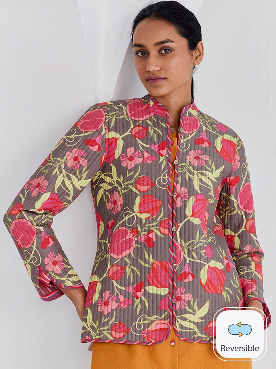 ancestry floral printed mandarin collar long sleeves reversible cotton tailored jacket