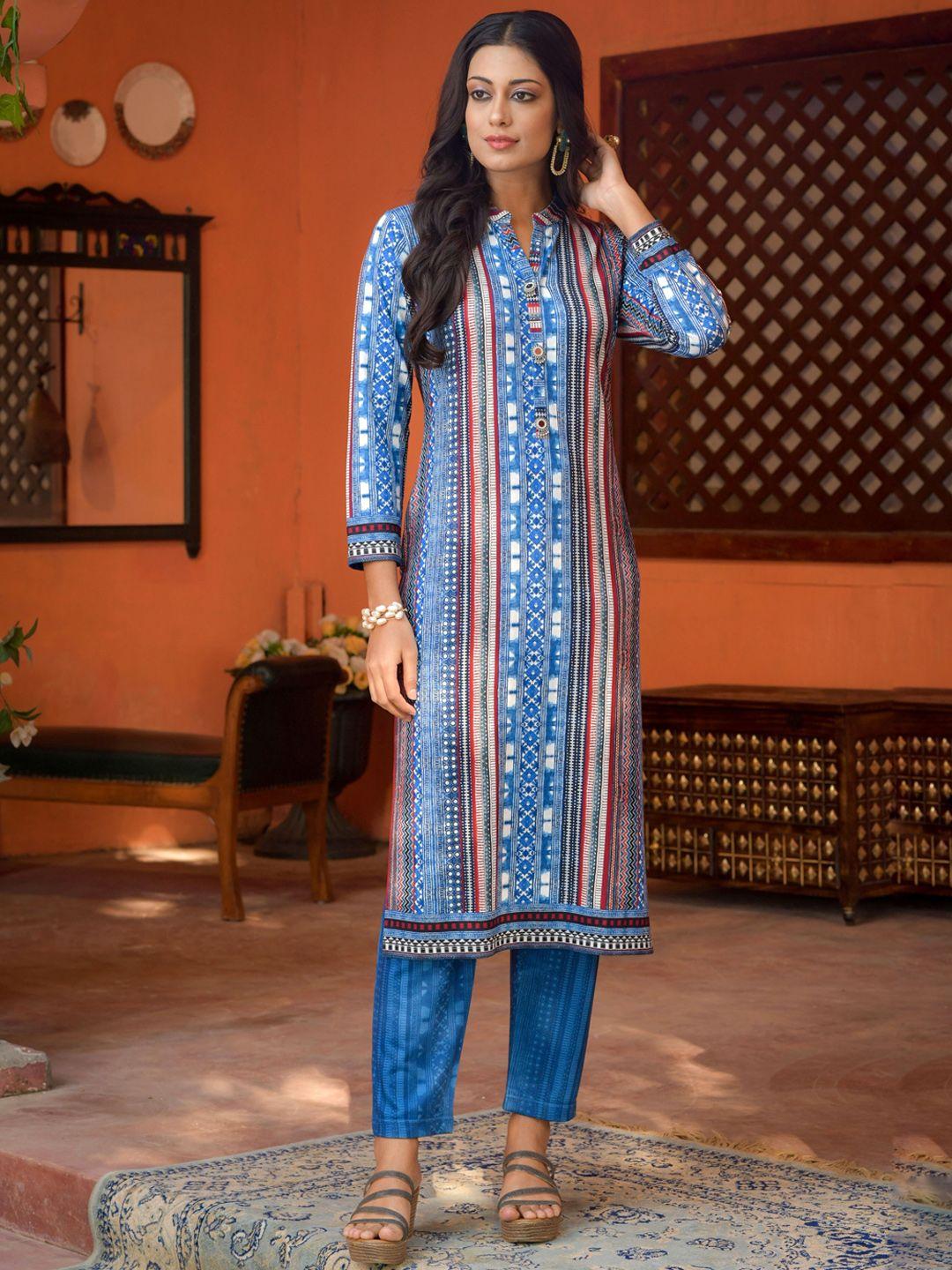 idhu ethnic motifs printed regular straight kurta with trousers