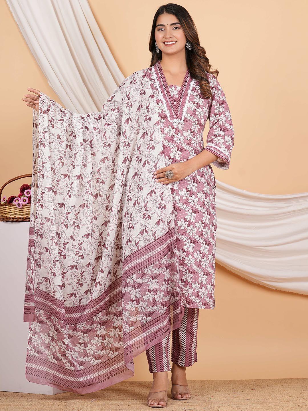 zoyoto floral printed sequined pure cotton kurta with trouser & dupatta