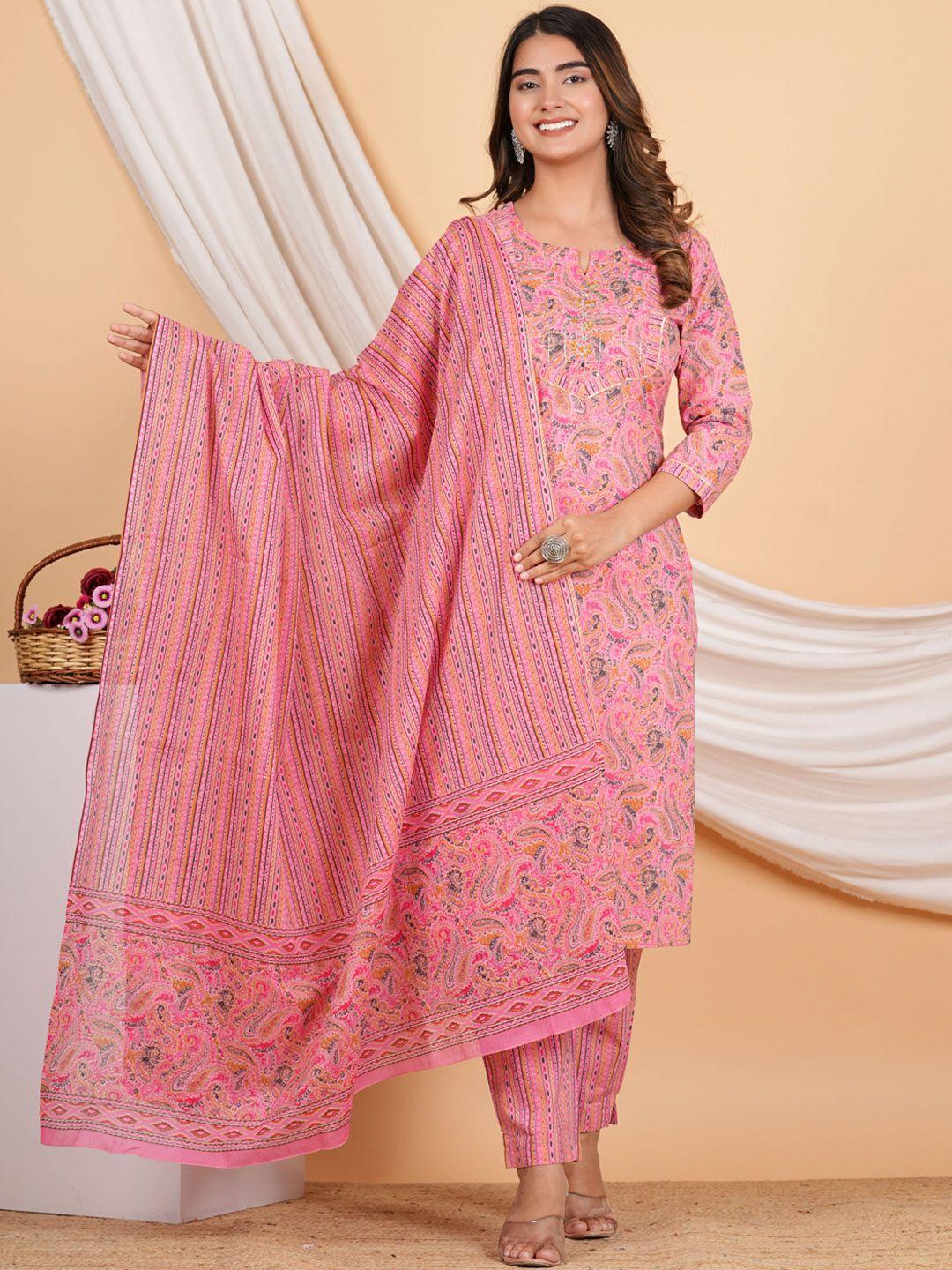 zoyoto ethnic motifs printed pure cotton straight kurta with trousers & dupatta