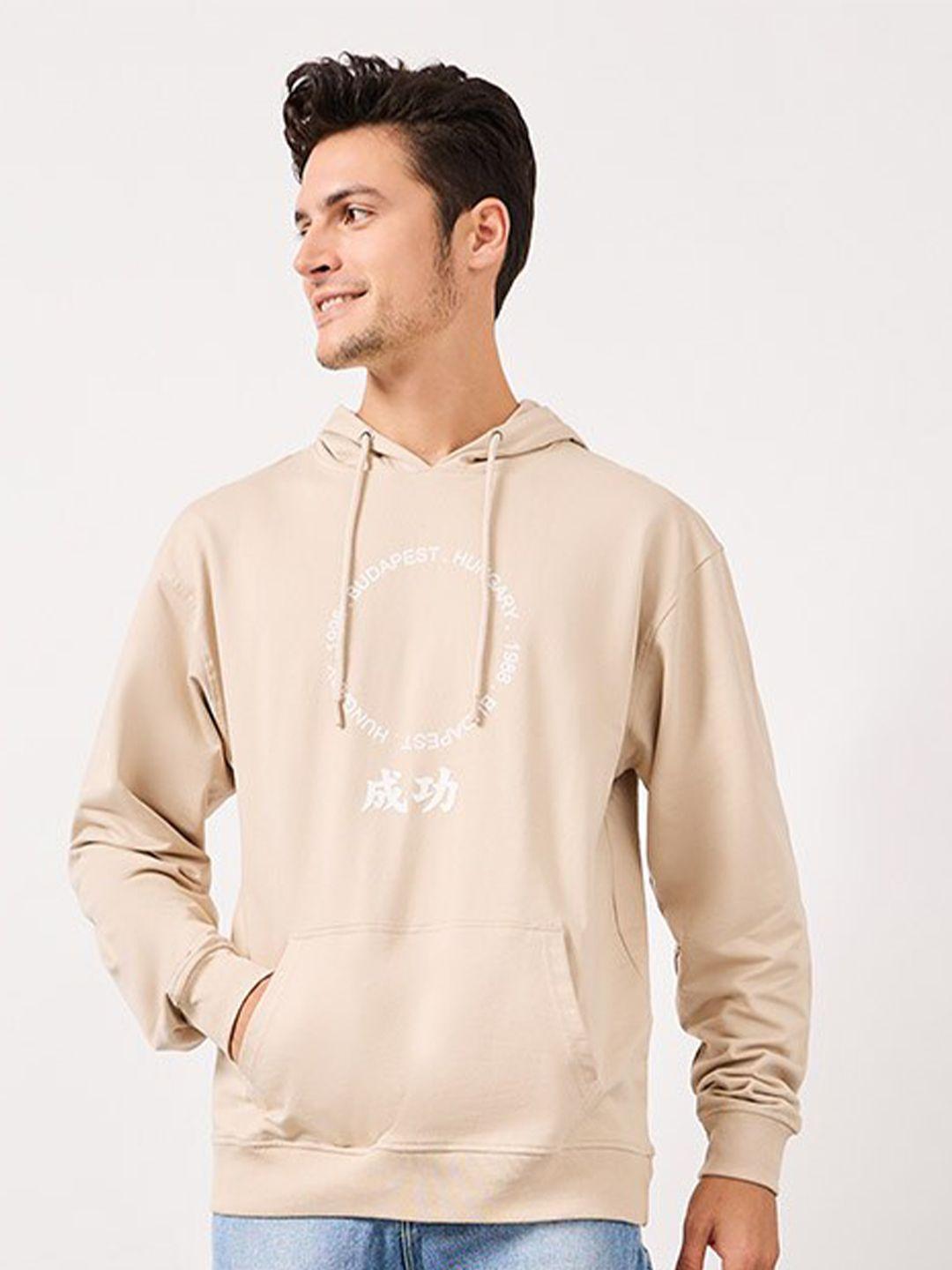 styli beige typography printed hooded relaxed fit pure cotton pullover sweatshirt