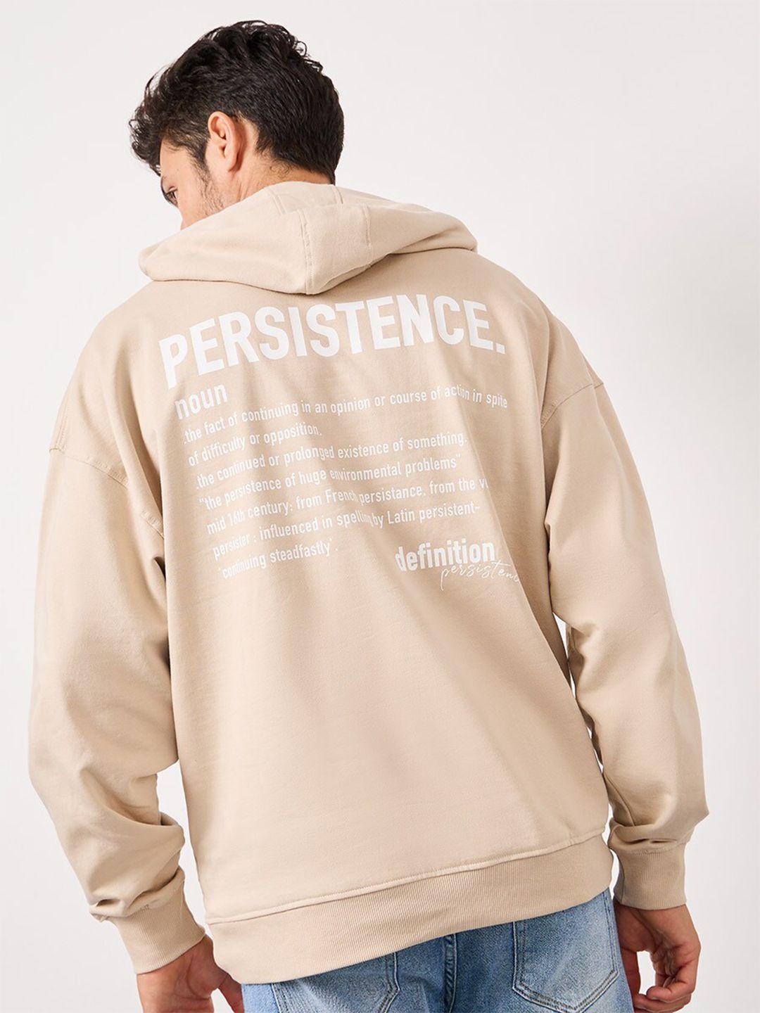 styli beige typography printed hooded long sleeves cotton oversized pullover sweatshirt