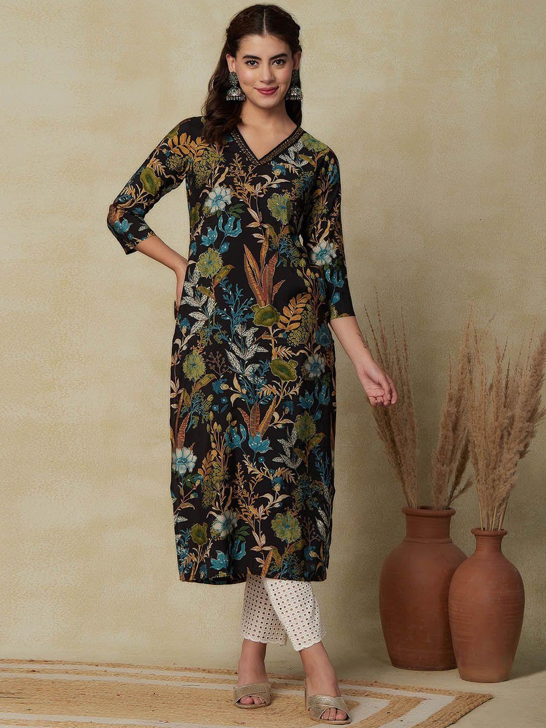 fashor black floral printed v-neck foil printed straight kurta