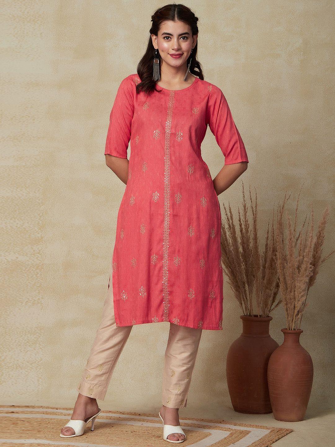 fashor peach ethnic motifs embroidered straight sequins kurta