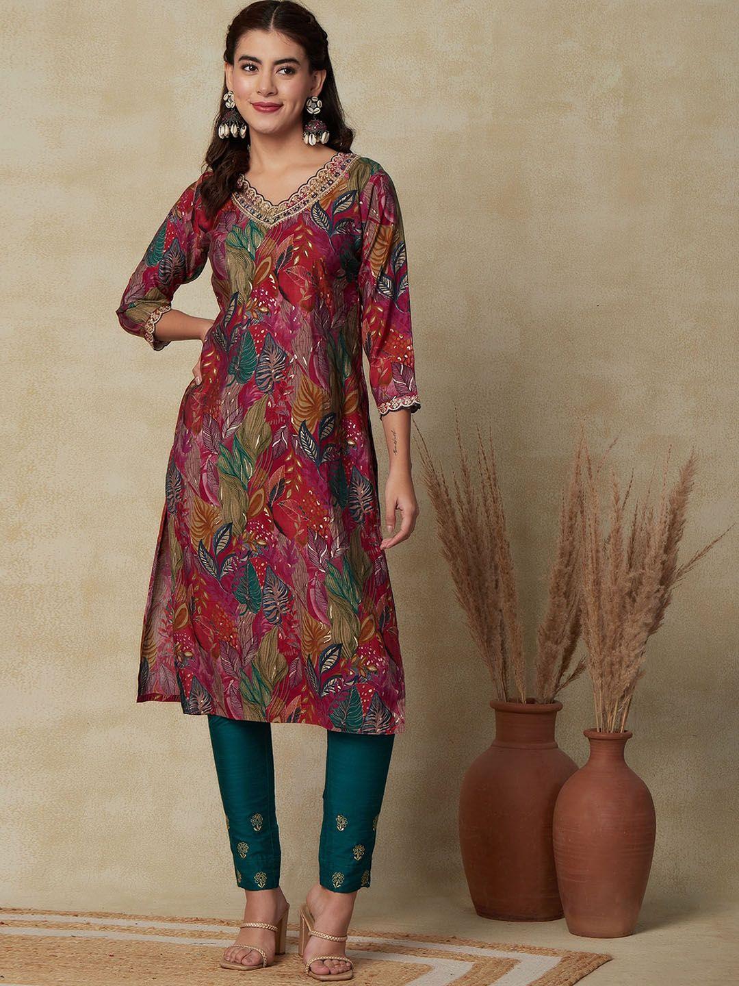 fashor magenta floral printed thread work kurta