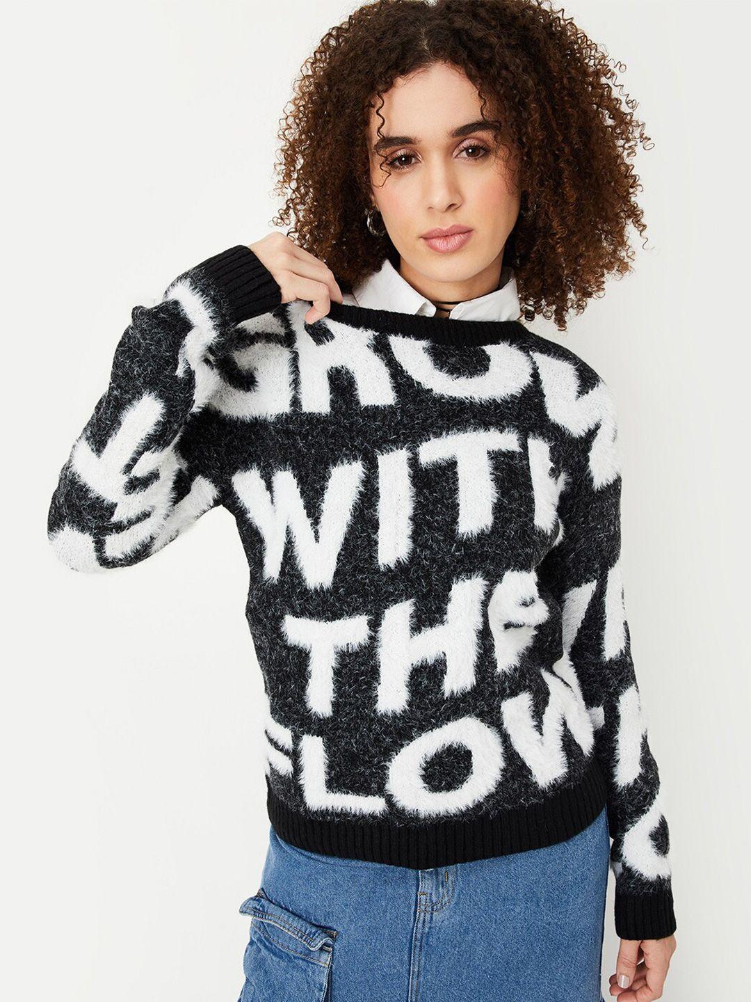 max typography printed round neck pullover sweater