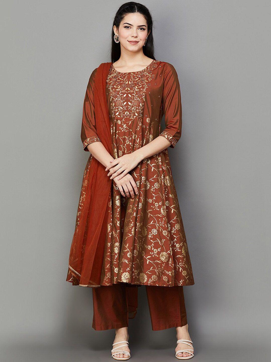 melange by lifestyle floral printed thread work kurta with palazzo & dupatta