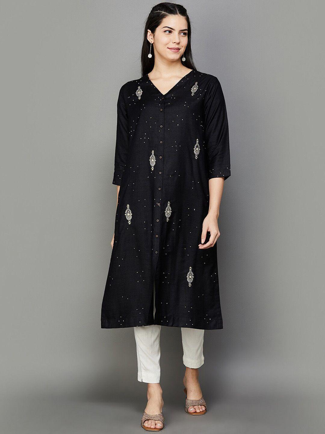 melange by lifestyle ethnic motifs embroidered v-neck silk straight kurta