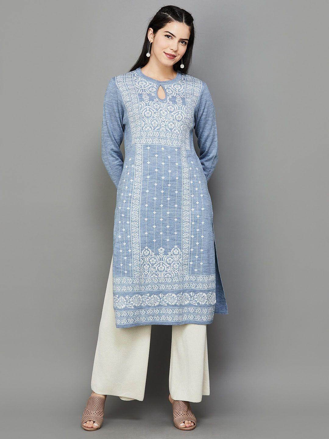 melange by lifestyle ethnic printed keyhole neck straight pure acrylic kurta