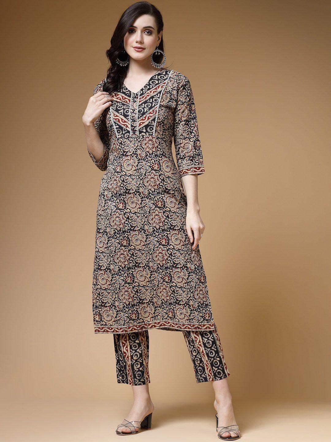 indibelle floral printed thread work cotton kurta