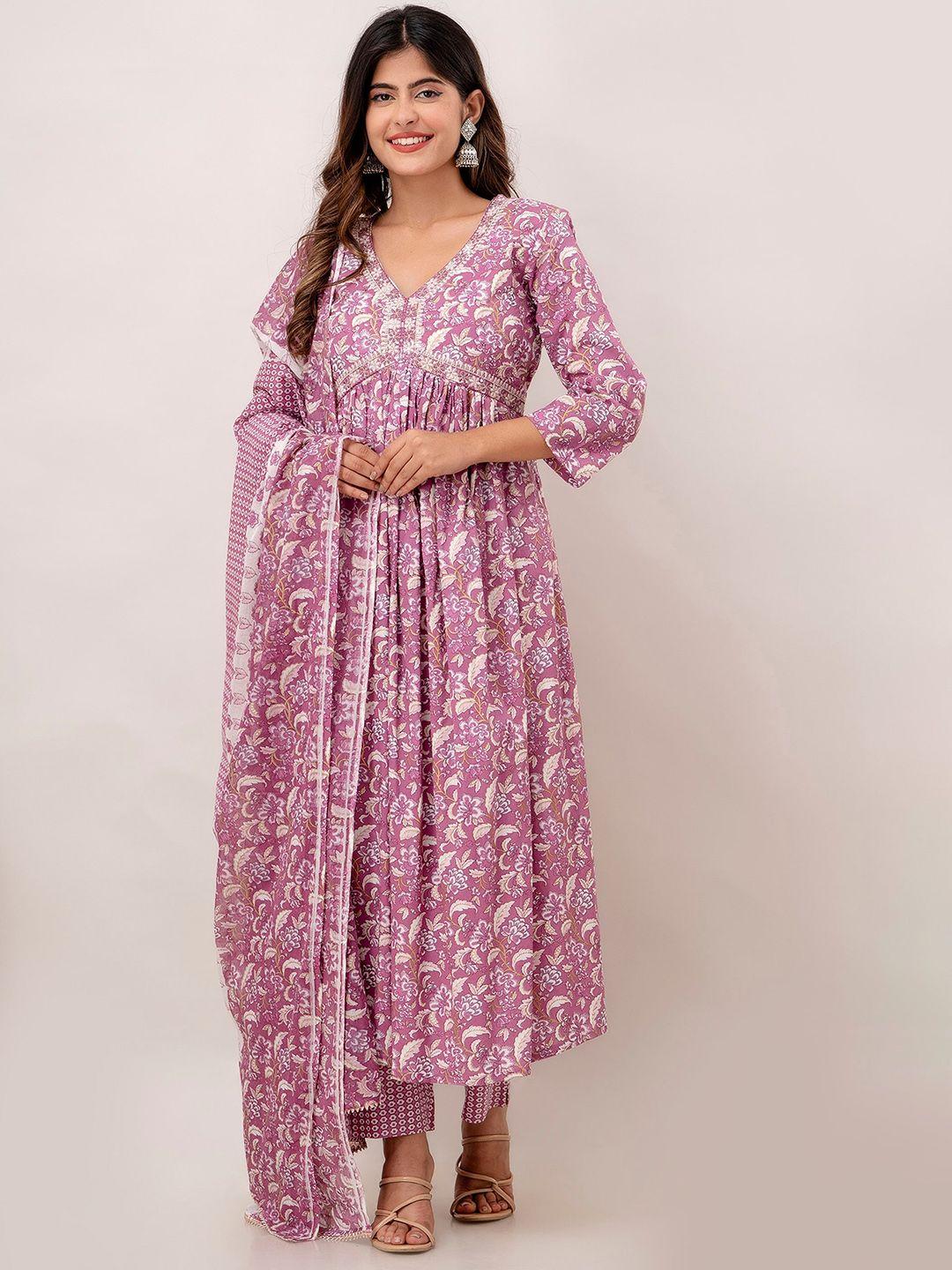 charu floral printed thread work pure cotton a-line kurta with trousers & dupatta