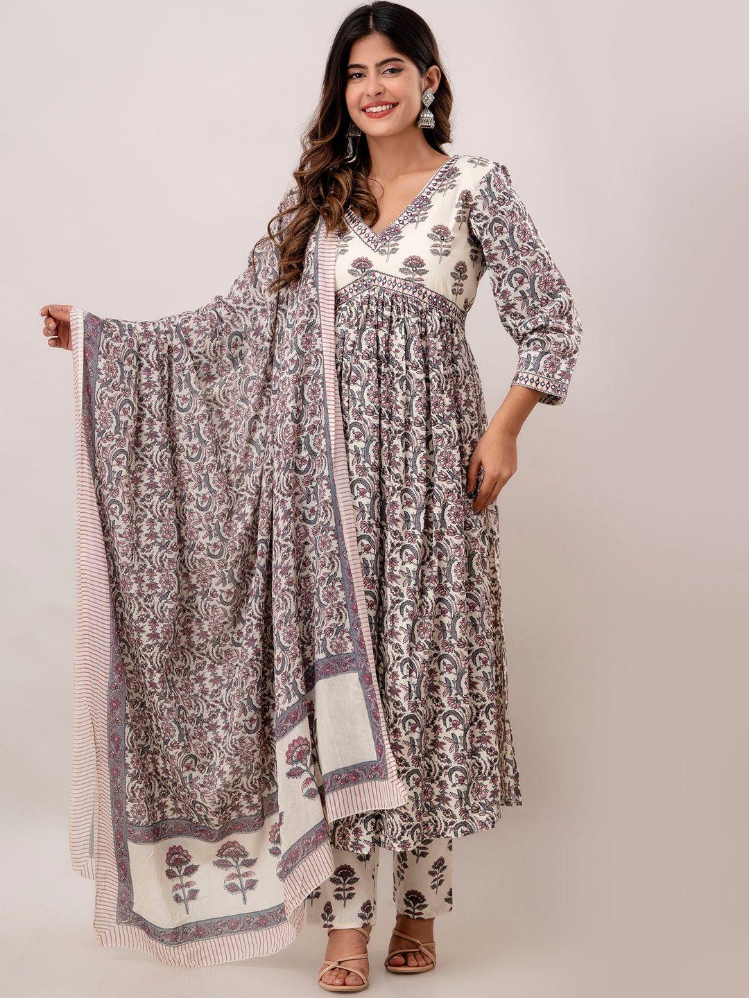 charu floral printed mirror work pure cotton kurta with trousers & dupatta