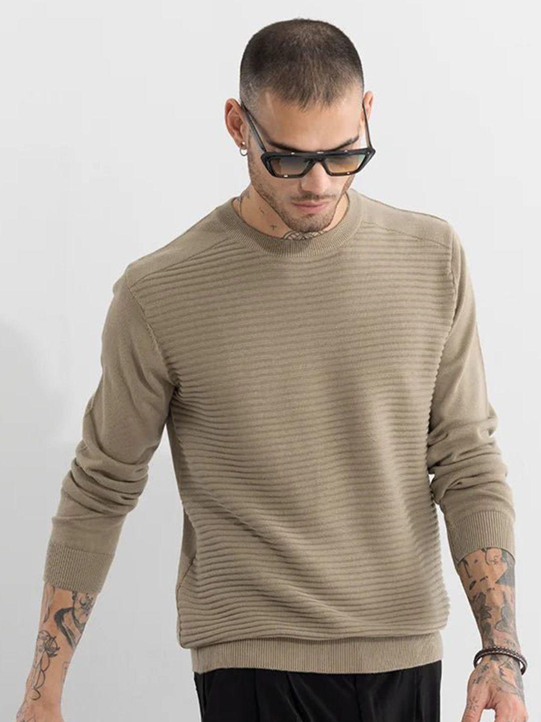 snitch beige striped round neck pure cotton sweatshirt