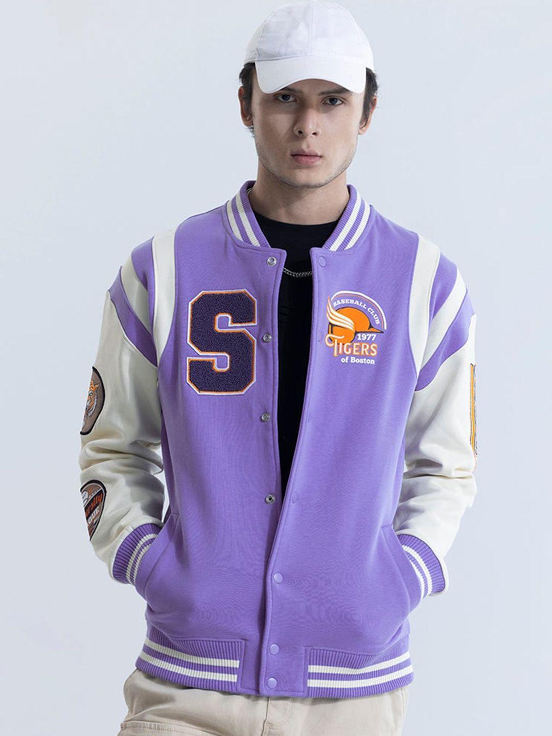 snitch purple & white typography printed lightweight cotton varsity jacket