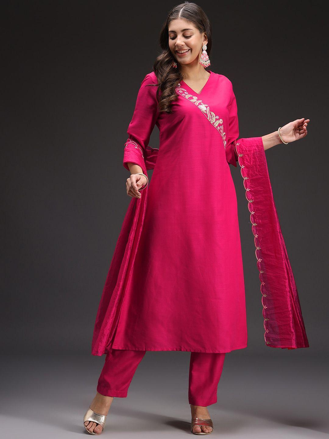 heeposh floral embroidered angrakha a-line thread work kurta with trousers & dupatta