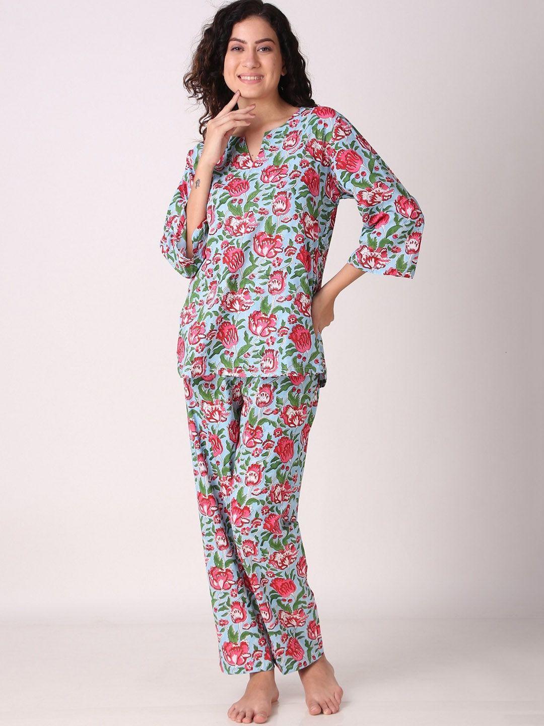 masha floral printed pure cotton top with pyjamas