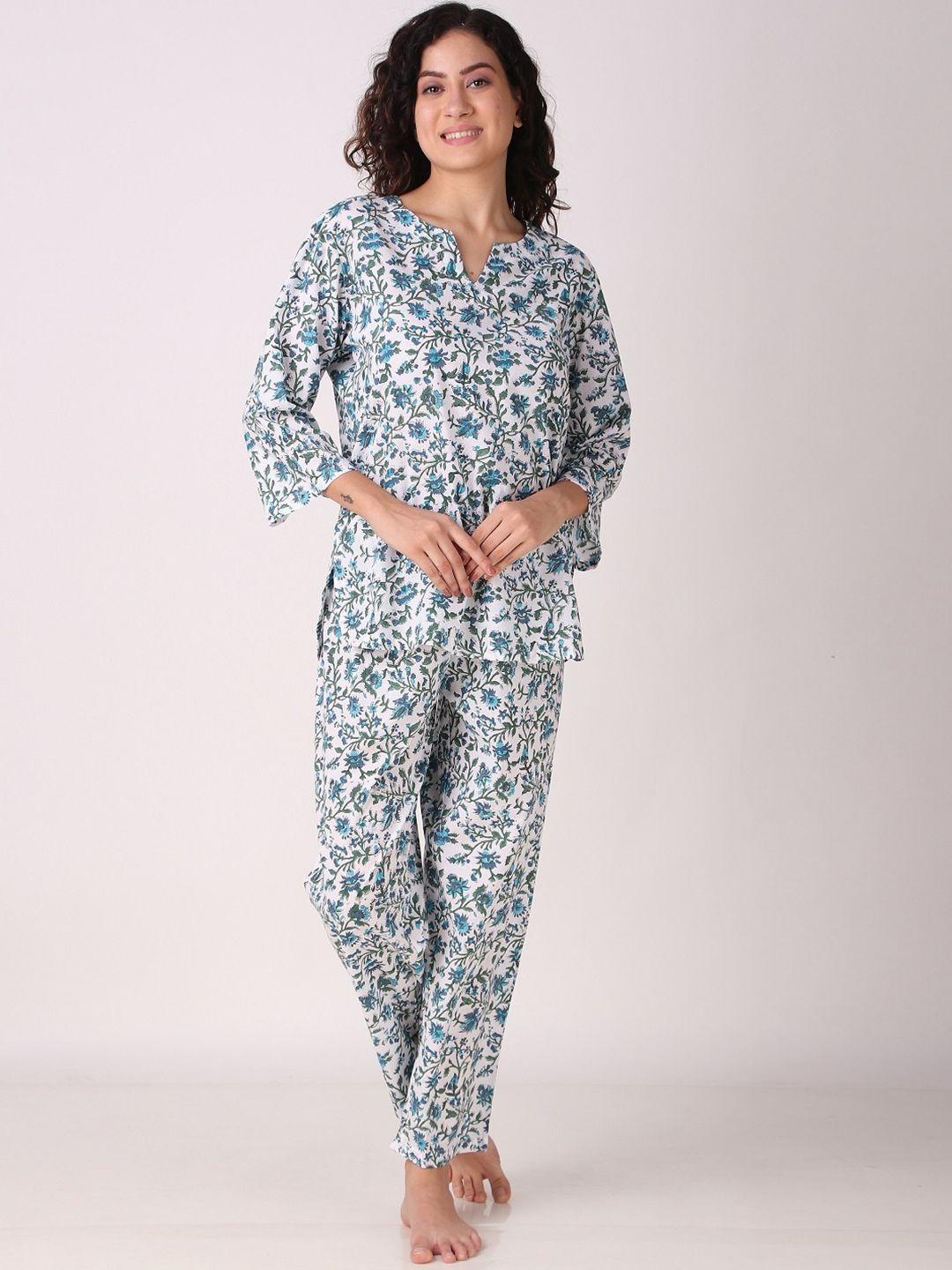 masha floral printed pure cotton top with pyjamas