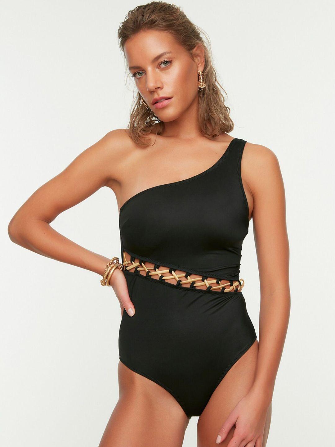 trendyol one shoulder cut-out detail full coverage sleeveless bodysuit