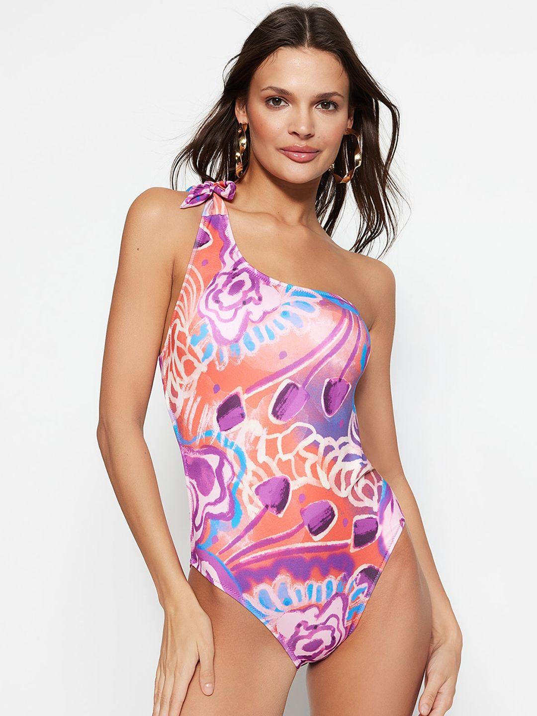 trendyol printed sleeveless one shoulder bodysuit swimwear