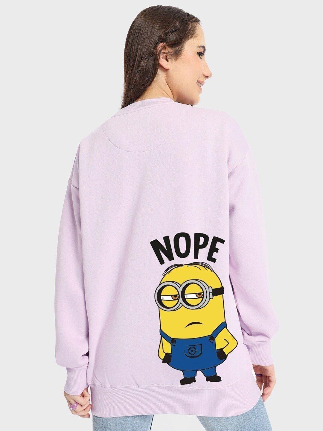 bewakoof lavender minion printed fleece oversized sweatshirt