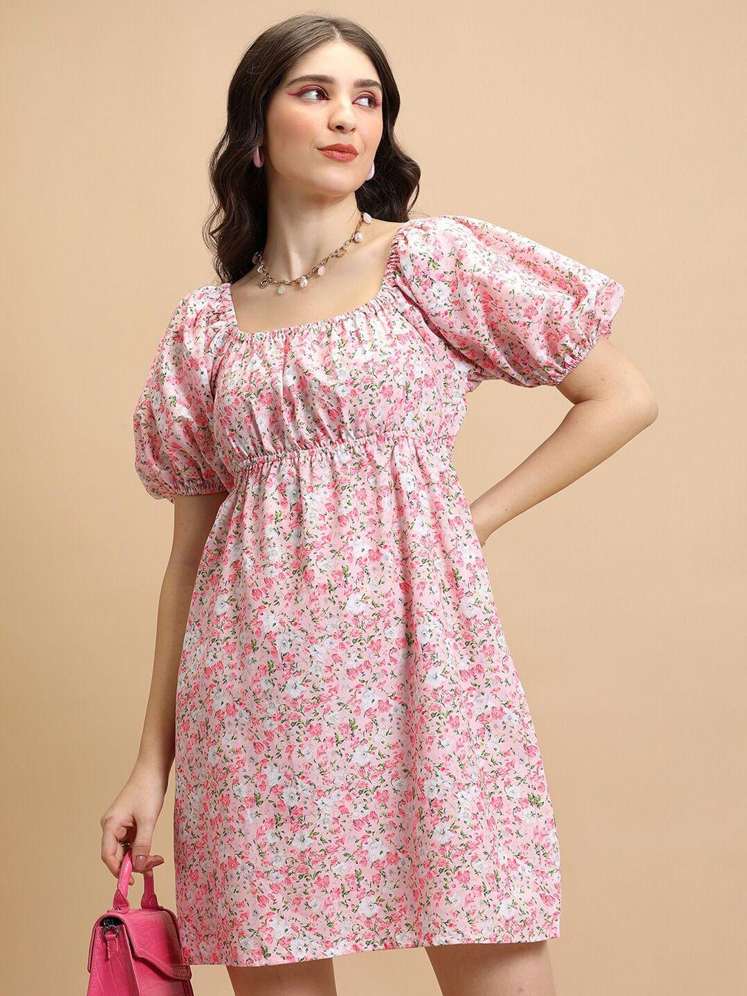 tokyo talkies pink floral printed square neck puff sleeves gathered detailed a-line dress