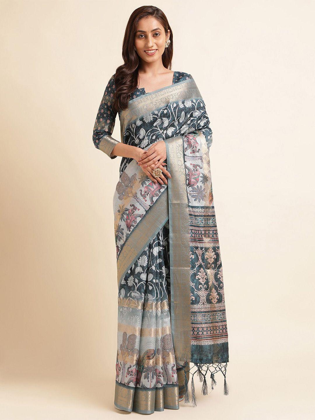 mitera teal blue floral printed pure silk saree