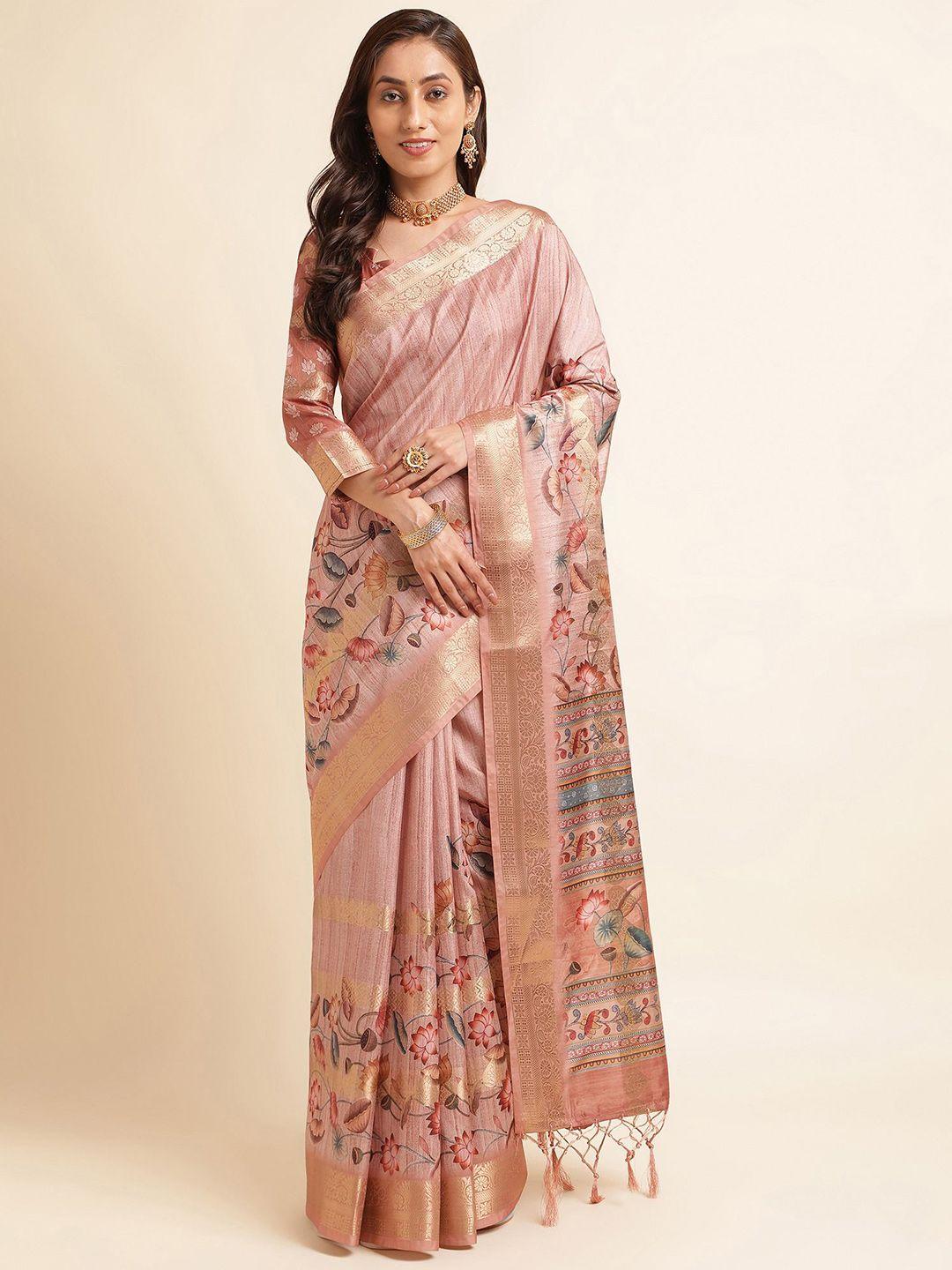 mitera coral & gold toned floral printed zari pure silk saree