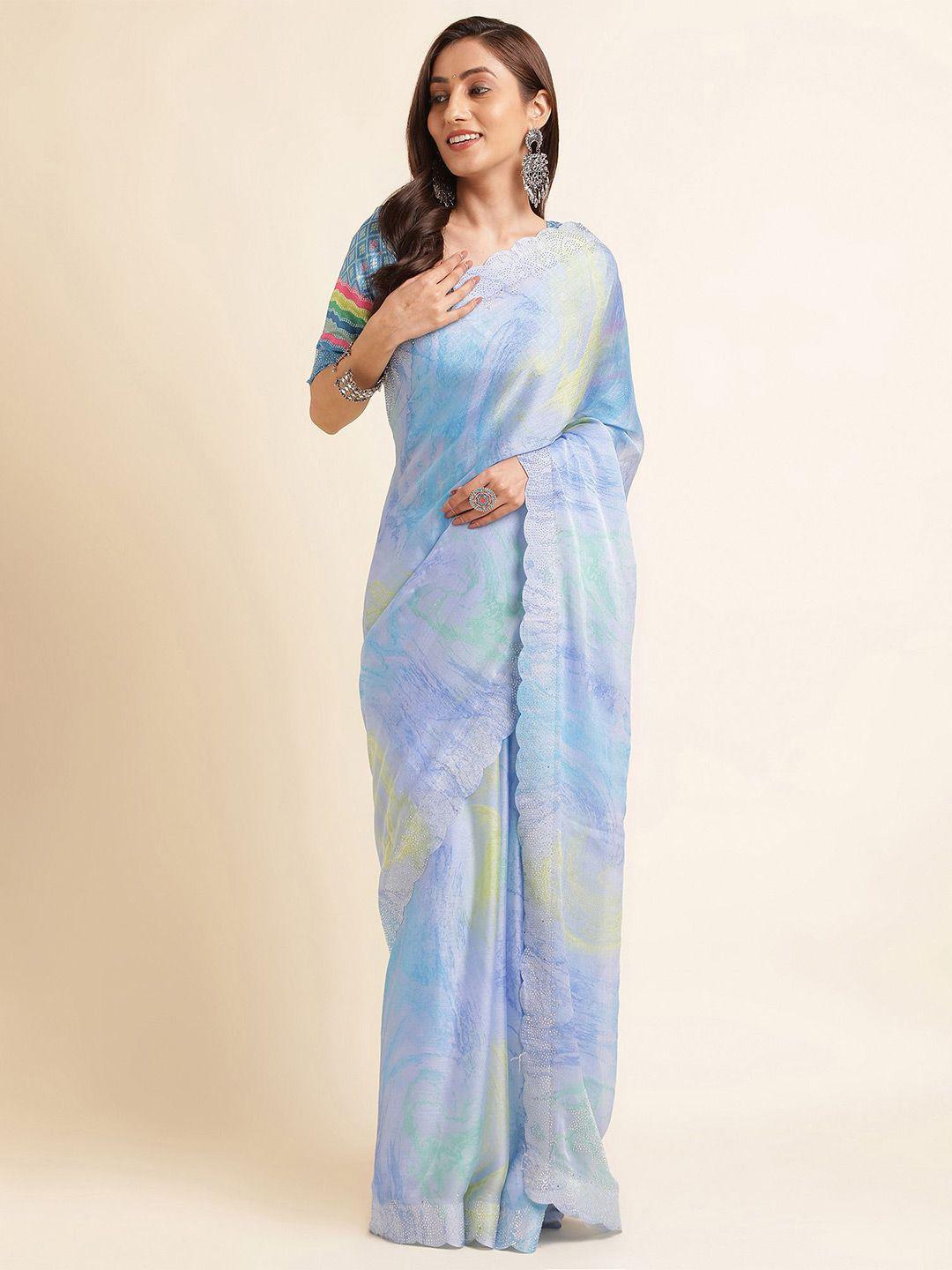 mitera blue & yellow abstract printed beads & stones pure chiffon saree