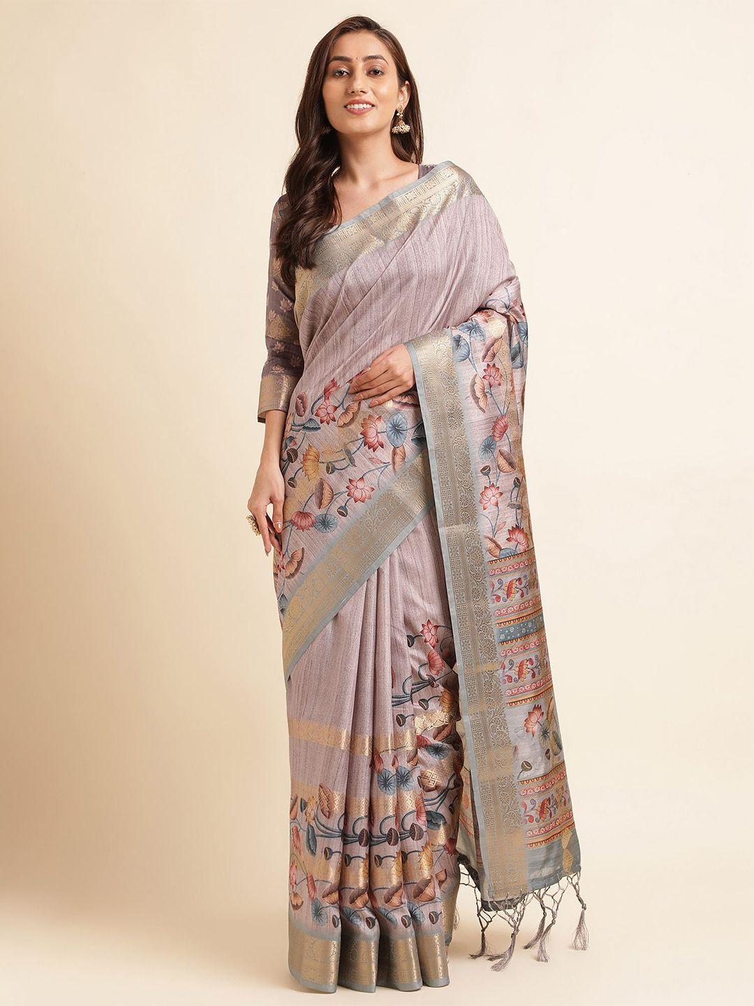 mitera grey floral printed pure silk saree