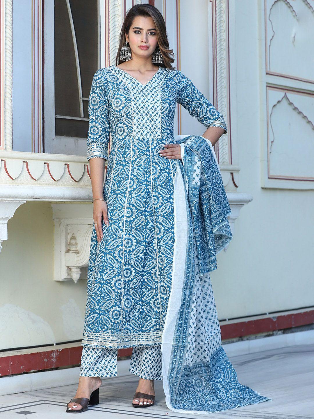 singni ethnic motifs printed mirror work regular pure cotton kurta with trousers & dupatta