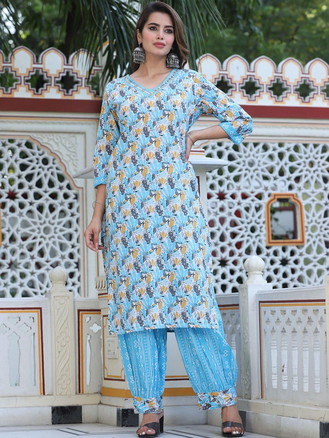 singni ethnic motifs printed v-neck mirror work straight pure cotton kurta with salwar