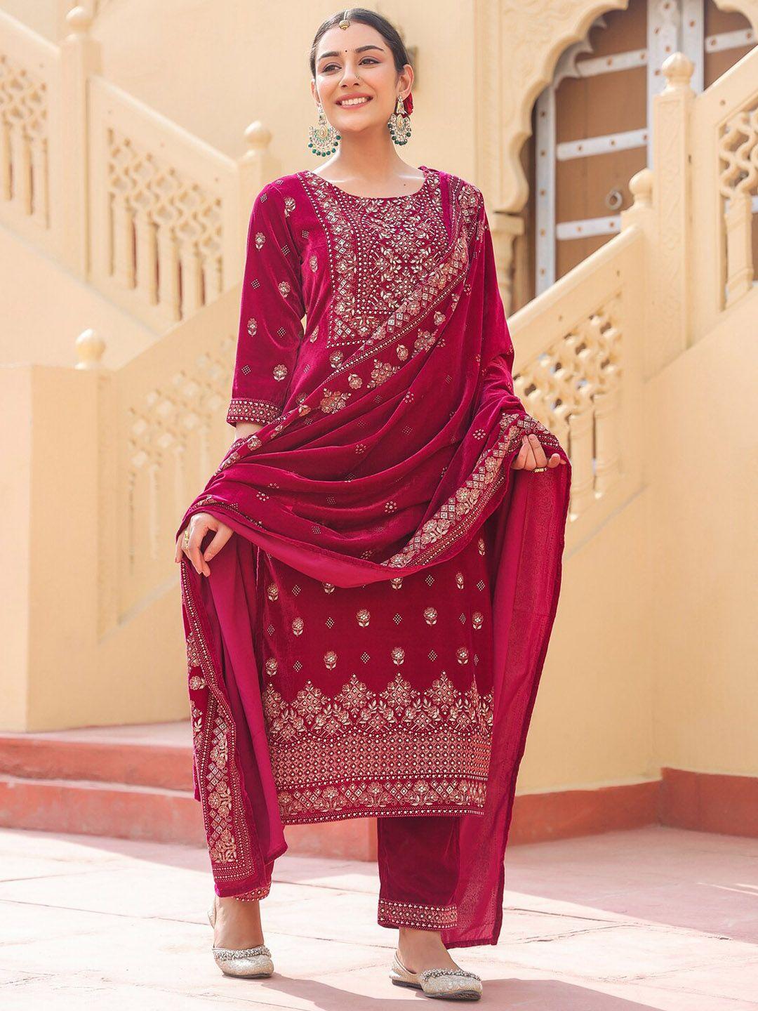 yufta ethnic motifs embroidered sequinned velvet straight kurta with trousers & dupatta