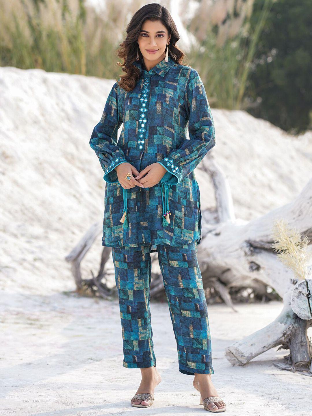 yufta geometric printed shirt collar tunic & trousers set