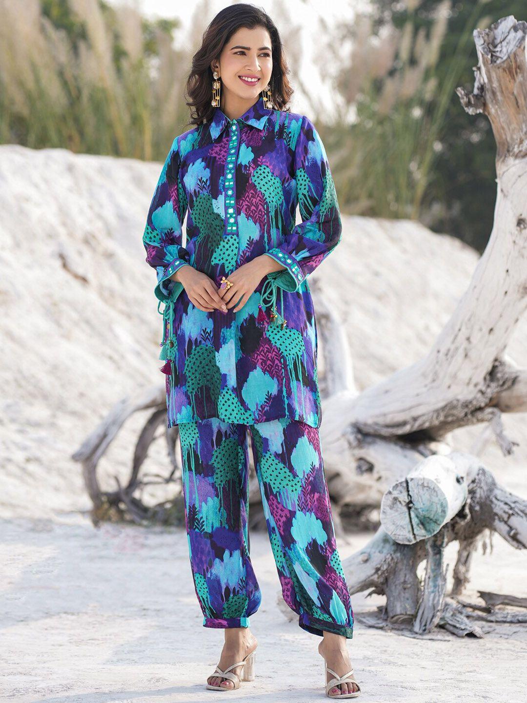 yufta abstract printed shirt collar tunic with trouser