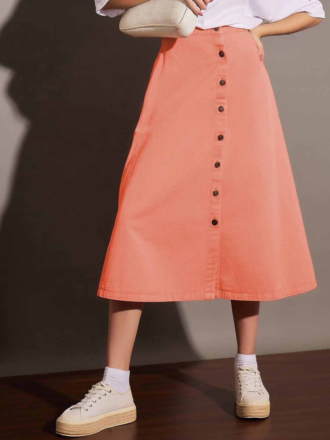 sassafras orange denim a-line midi skirt