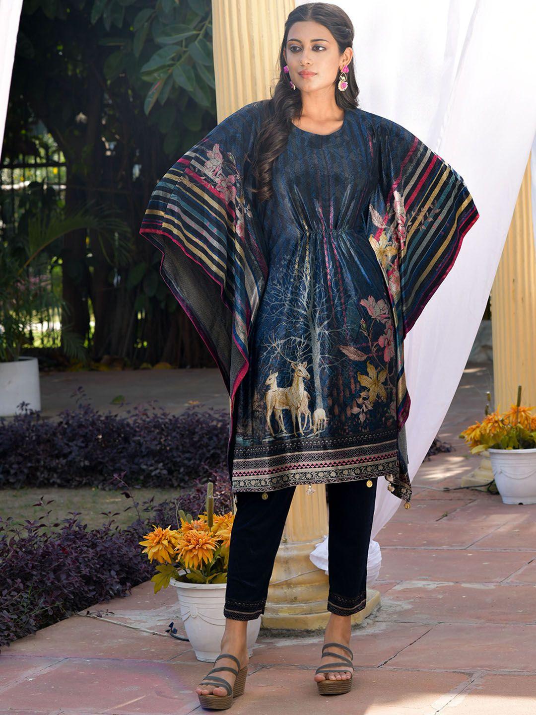 idhu ethnic motifs printed flared sleeves kaftan kurta with trouser