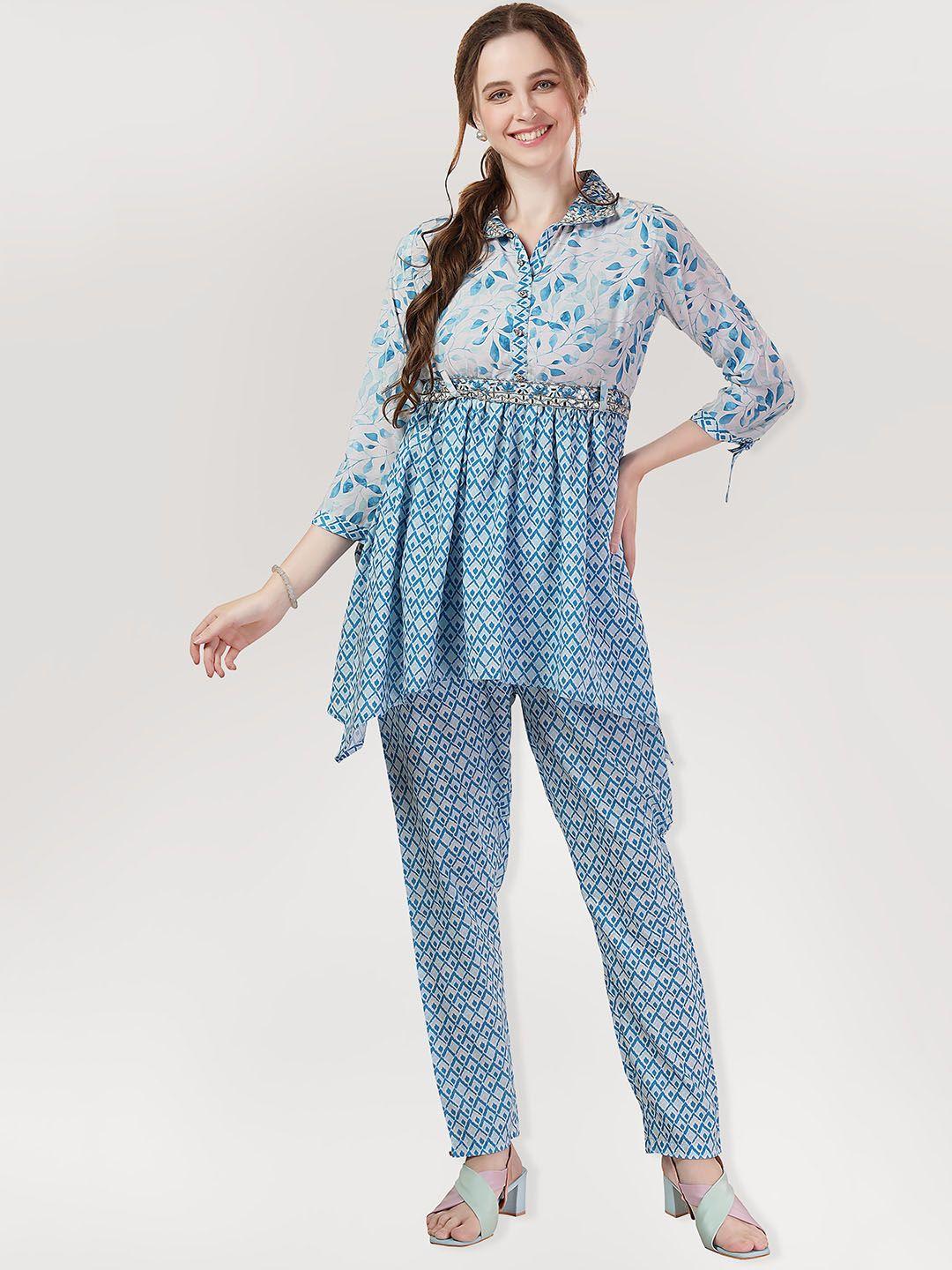 keshubaba floral printed shirt collar anarkali kurta with trousers