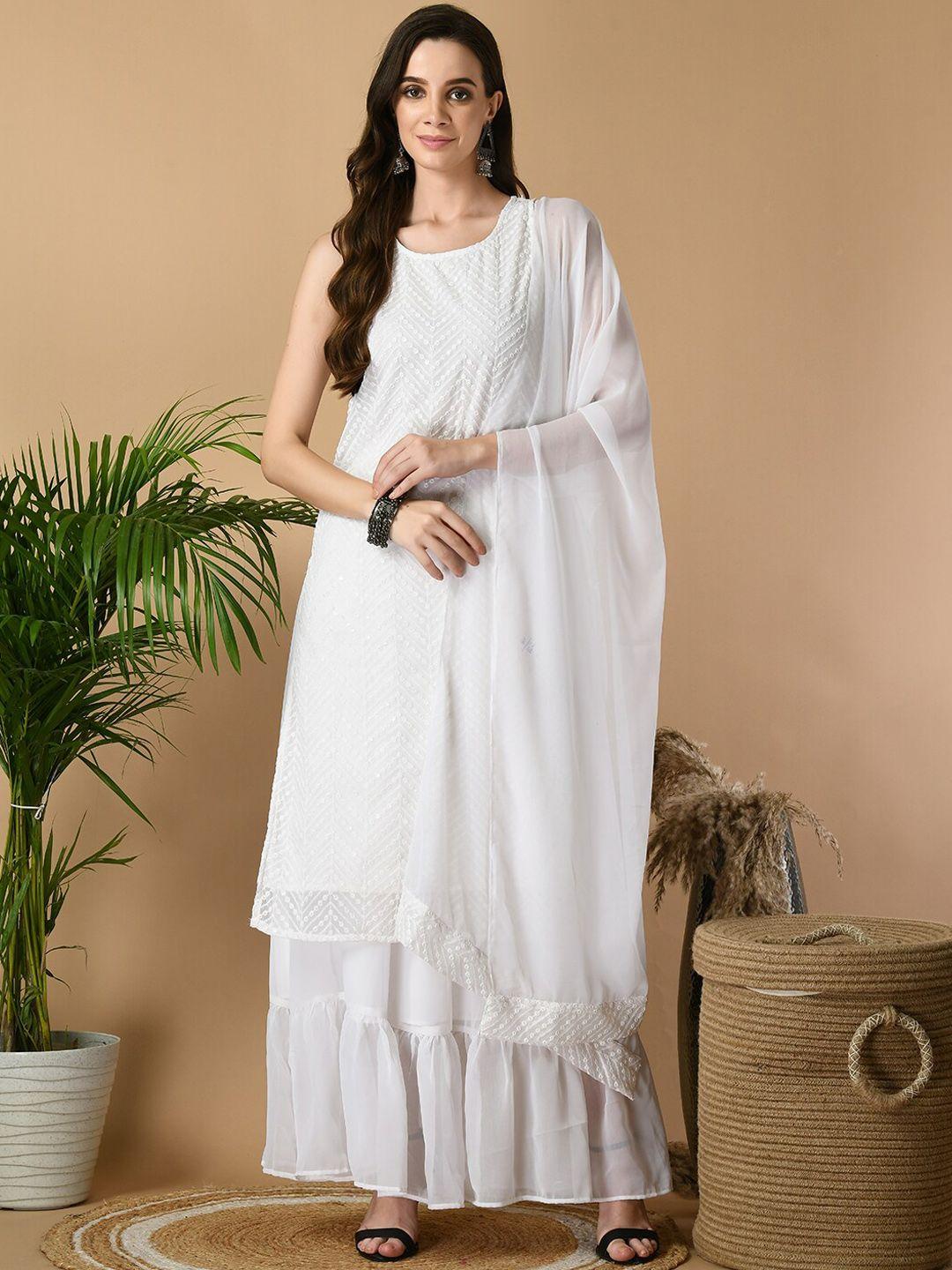 sangria white chevron embroidered sequinned straight kurta with sharara & dupatta