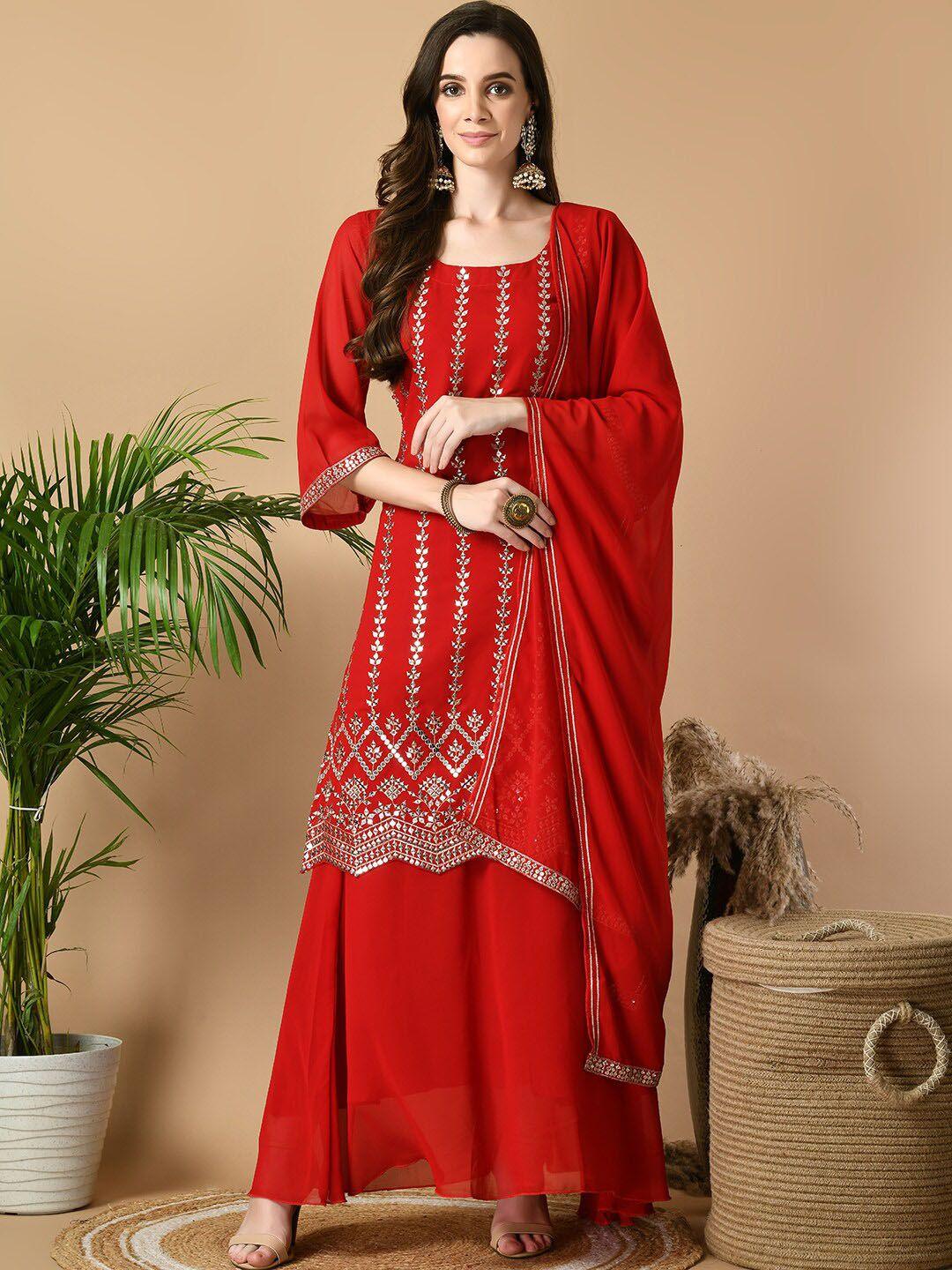 sangria round neck mirror work kurta with skirt & dupatta