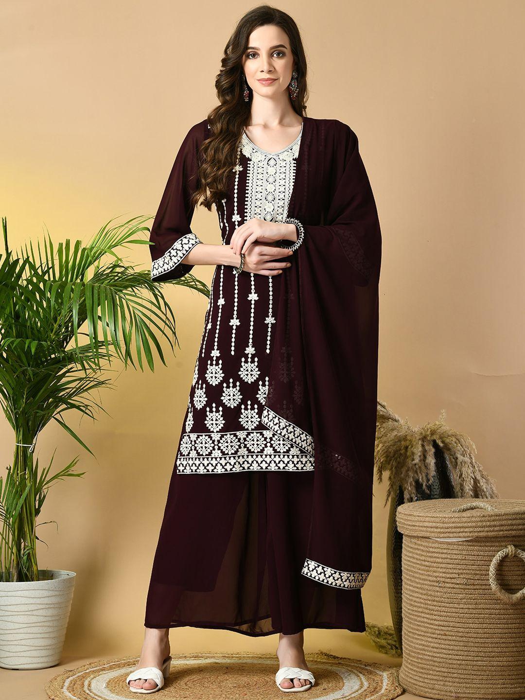 sangria ethnic motifs embroidered thread work straight kurta & palazzos with dupatta