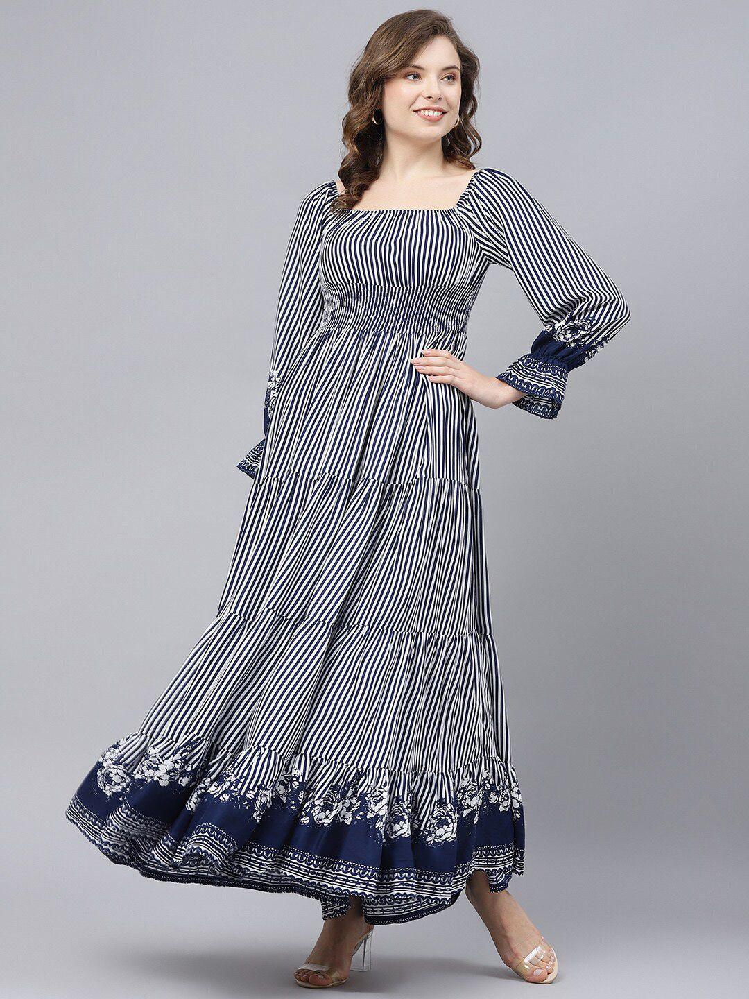 deebaco striped square neck puff sleeves gathered detailed maxi dress