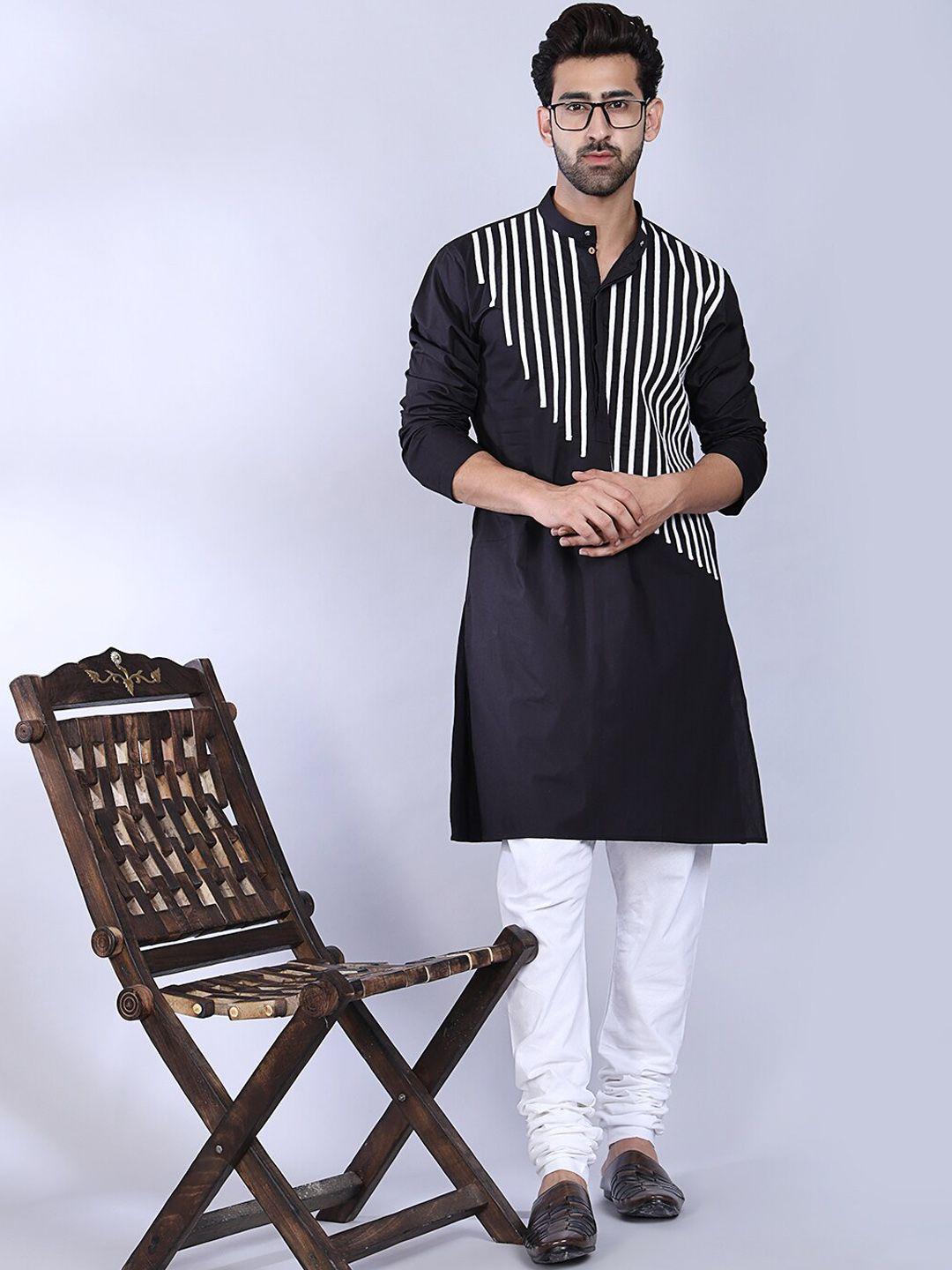 midav striped band collar cotton straight kurta