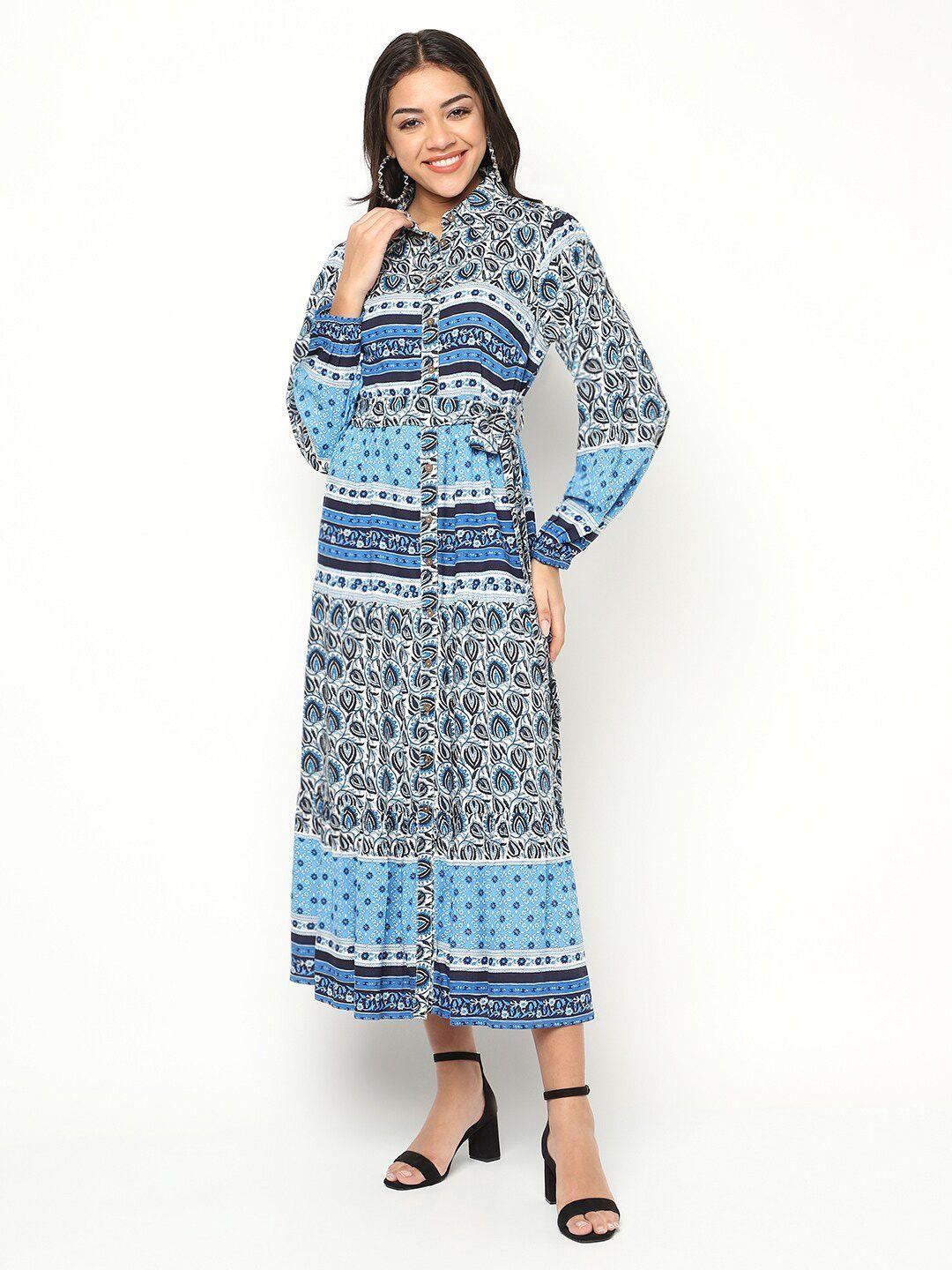 house of s floral printed shirt collar fit and flare dress