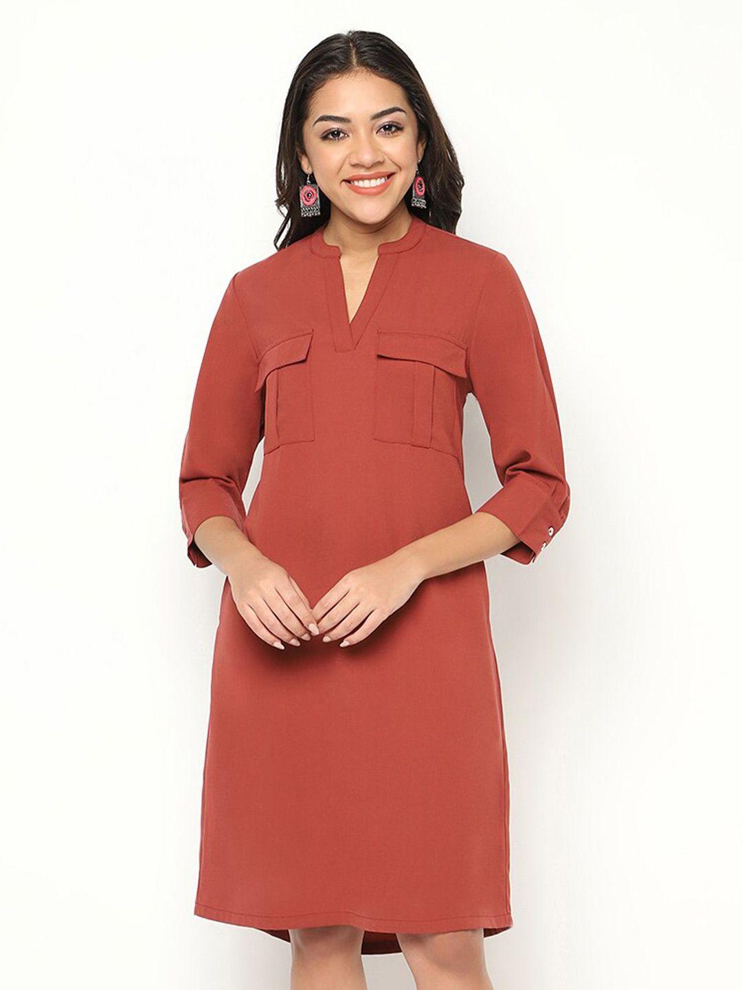 house of s mandarin collar cuffed sleeves crepe a-line dress